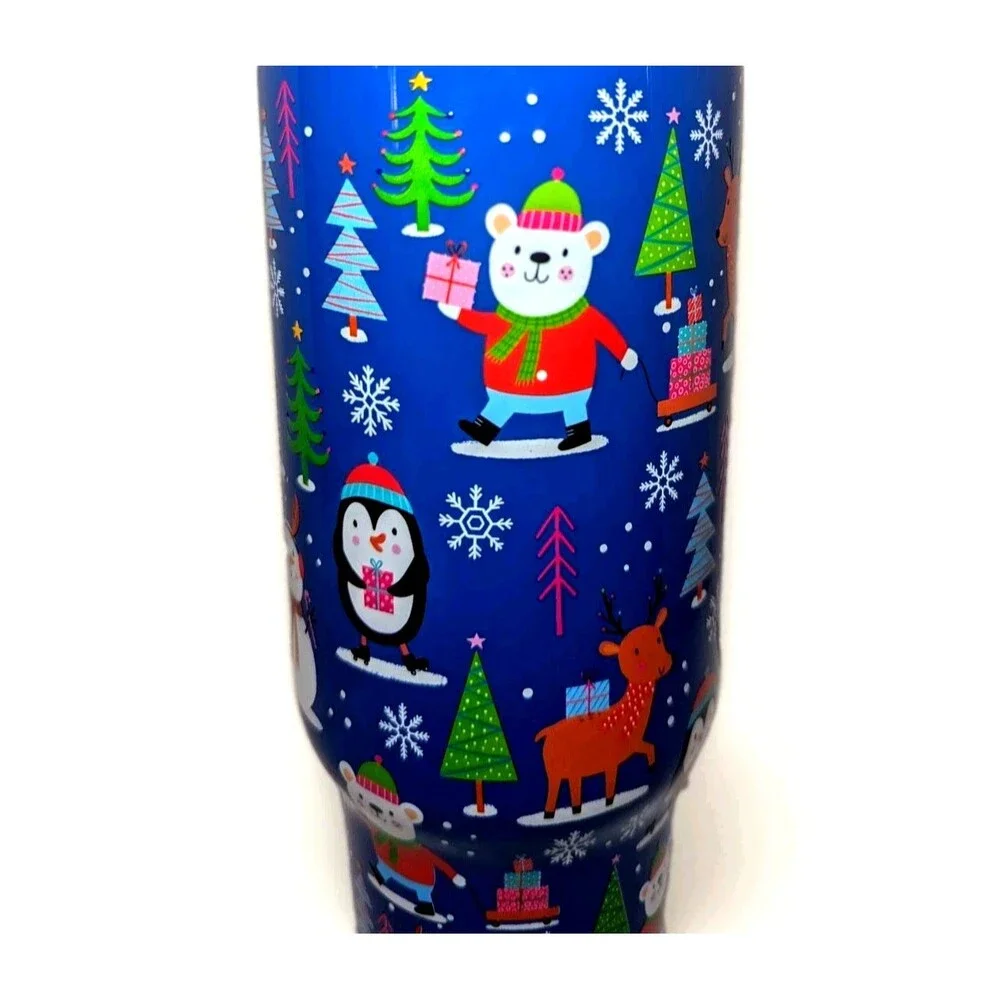 40 oz Christmas Animals Insulated Tumbler Cup with Handle Top Lid Travel Gift